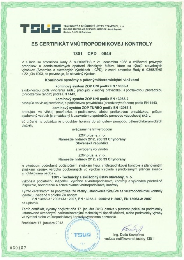 Certifikát ZOP komíny